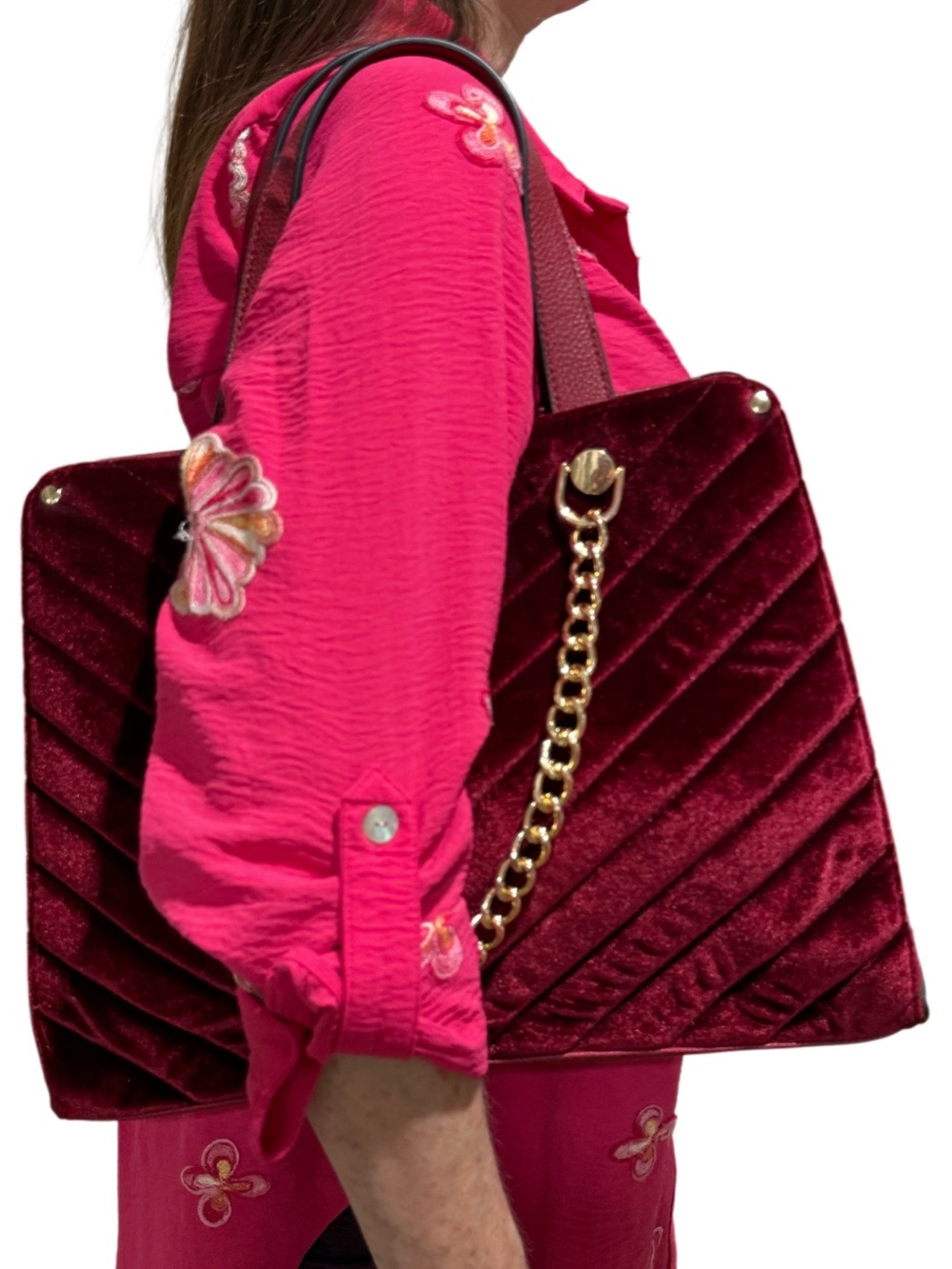 Marc New York Burgundy Chevron Velvet Crossbody Shoulder Bag Gold Chains Accents - Picture 3 of 17